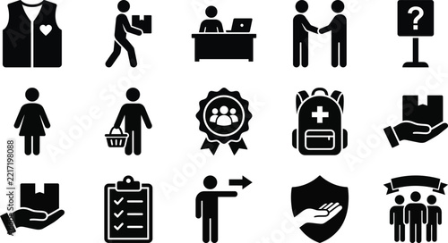 Community volunteer work and humanitarian relief icons set for aid distribution, volunteer vest, food basket and emergency backpack