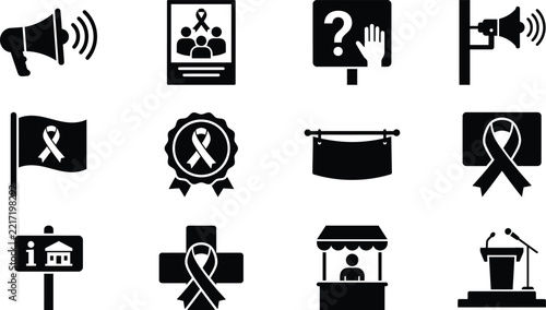 Public awareness campaign and charity rally icons set for speaking podium, megaphone, info booth and protest placard