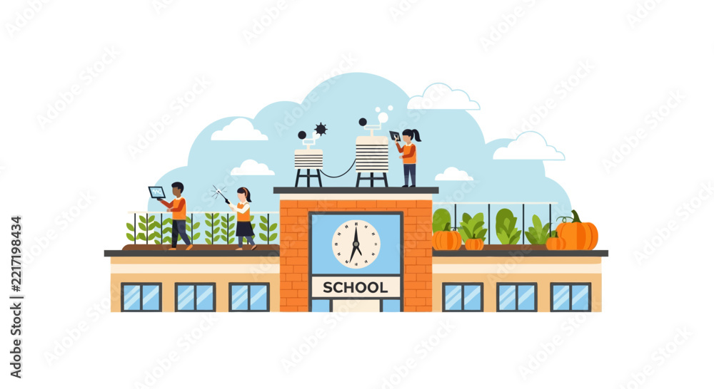 Fototapeta premium STEM Education Concept: Students Using Rooftop Garden and Science Equipment at Modern School