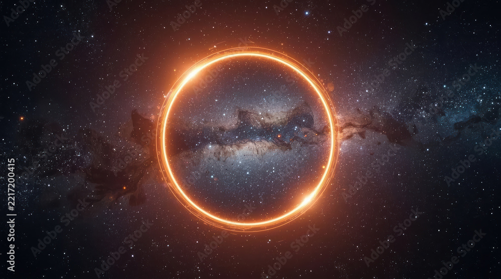 Fototapeta premium Glowing circular portal illuminating vast cosmic galaxy with wonder