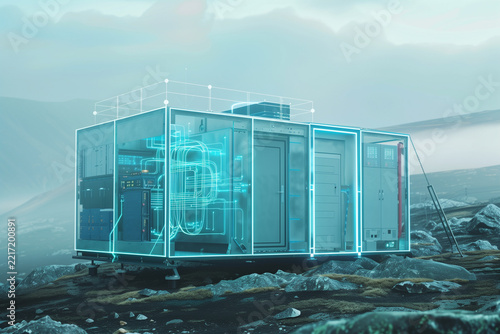 Futuristic Industrial smart battery bank powering temporary field hospital on rocky hillside with power