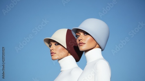 Stylish Fashion Portrait of Two Women Wearing Trendy Hats Against a Clear Blue Sky
