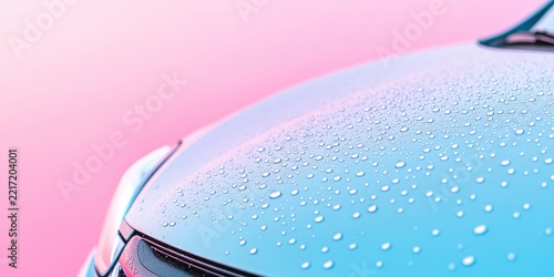 Close-Up of a Car Hood with Water Droplets on Colorful Abstract Background for Automotive Photography