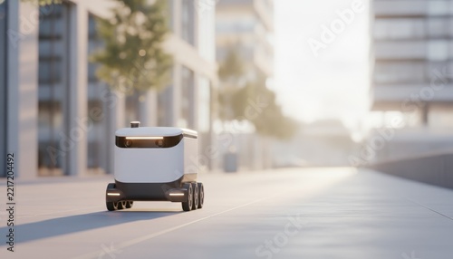 Autonomous delivery robot driving on modern city sidewalk