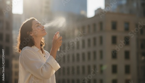 Woman refreshing face with facial spray in city heatwave