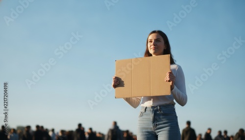 Climate activist holding empty cardboard sign at protest