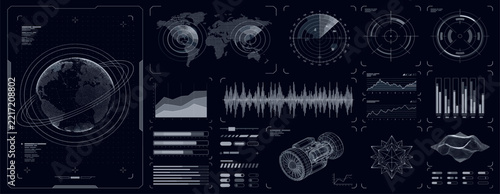 Control system with HUD interface, screen monitor with 3D earth globe, UI frames, charts, diagram, data. Cyberpunk futuristic user interface HUD, UI. Security system interface. Vector FUI graphic set