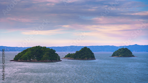 Yatsushiro, Kumamoto Pref, Japan - Oct 9 2024, panoramic aerial view of an uninhabited island covered with forest off coast of Yatsushiro, at daytime with cloudy sky, Yatsushiro, Japan