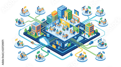Modern Isometric Digital Connectivity Illustration for Remote Work, Hybrid Offices, and Cloud Computing Networking Technology