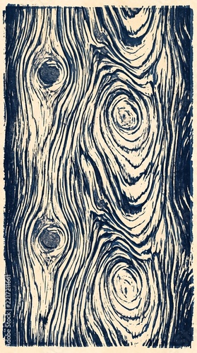 2色刷りの木版画スタイルで仕上げた木目の抽象画