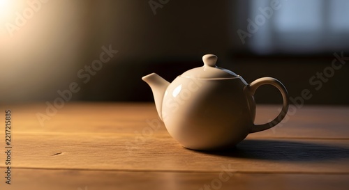 A small white ceramic teapot resting on a rustic wooden table in a cozy room