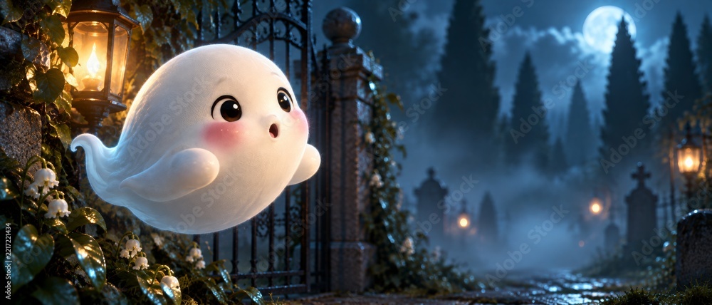Obraz premium Cute cartoon ghost floating through a moonlit cemetery gate. Halloween fantasy illustration. Spooky seasonal greeting and trick-or-treat concept. Whimsical supernatural. Banner format
