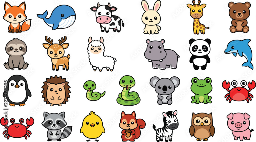 Fototapeta premium Cute Cartoon Animal Icons Vector Set, Kawaii Baby Wild and Zoo Animals Graphic Collection, Nursery Decor Clipart