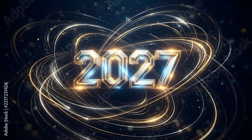 Dynamic abstract design featuring the year 2027 with glowing light streaks and swirls