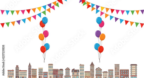 Festive city skyline frame illustration with colorful balloons and bunting flags on a transparent background for celebration events