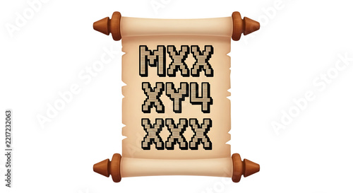A vintage paper scroll featuring ancient pixelated inscription isolated on a transparent background for creative design projects