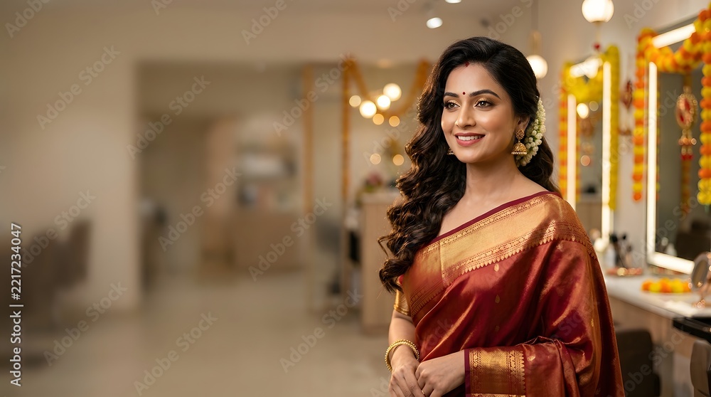 Fototapeta premium Beautiful indian woman in a traditional red silk saree with gold border, posing elegantly in a festive setting