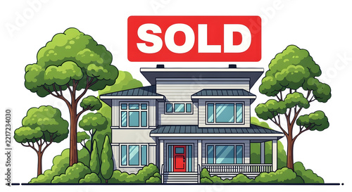 Residential real estate house illustration with a sold sign isolated on a transparent background for property marketing