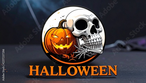 Spooky Halloween Skeleton Emblem and Glowing Jack-o'-Lantern with Skull