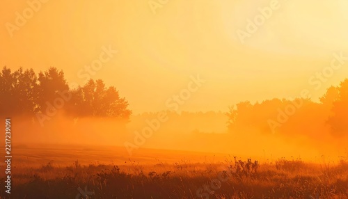 Misty Sunrise Over Rural Landscape with Silhouetted Figures.