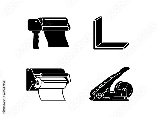 Shipping preparation tools icon set featuring tape dispensers and manual strapping tensioner for industrial logistics workflows