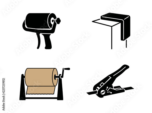 Graphic icon set of shipping preparation tools and industrial packaging equipment for logistics and warehouse management