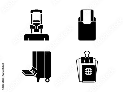 Travel Airport Accessories Icon Set Representing Luggage and Documentation for International Trips and Business Transit