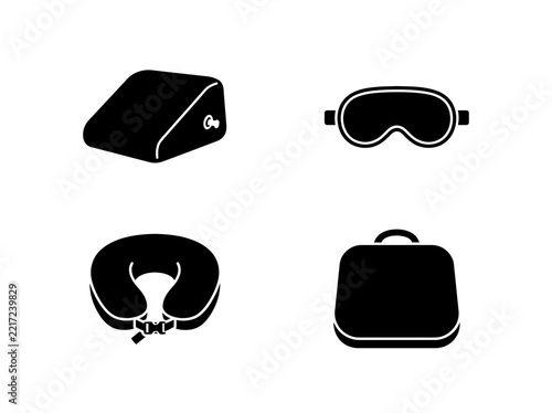 Collection of Travel Comfort Accessories Icons Featuring a Neck Pillow Sleep Mask Footrest and Carry On Luggage for Air Trips