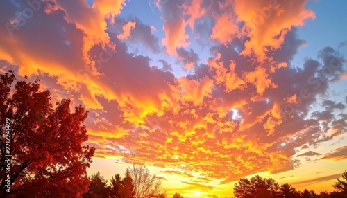 Dramatic Fiery Sunset Sky Over Silhouetted Trees.
