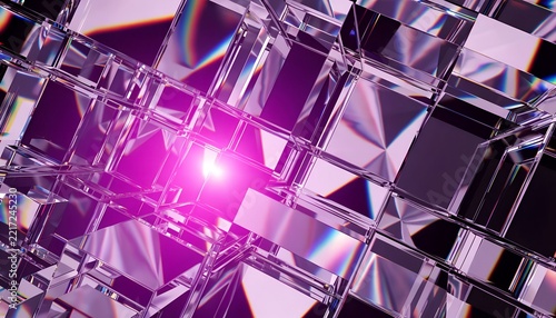 Abstract Futuristic Transparent Crystal Blocks Grid with Glowing Magenta Light Lens Flare and Prism Refraction