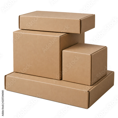 Four brown cardboard boxes of varying sizes stacked and arranged in a neat, compact formation.