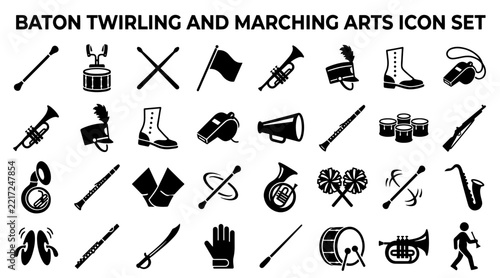 Baton twirling and marching band equipment icon set for musical