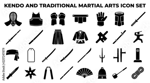 Kendo and traditional martial arts icon set featuring weapons and