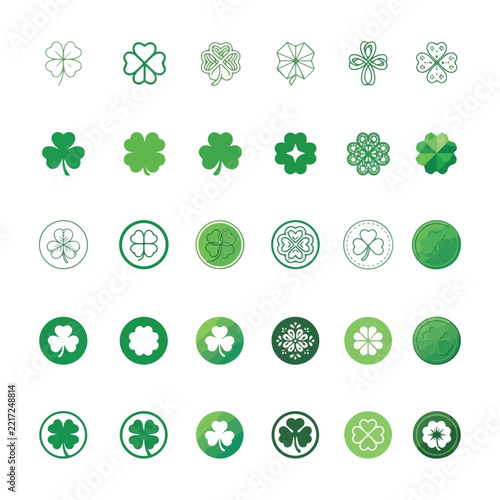30 Green Clover and Shamrock Icon Set Pattern for St Patrick's Day and Lucky Design Elements for Festive Branding Greeting Cards Party Decorations Textile Design and Seasonal Projects
