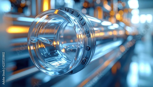 Close-up of Clear Liquid Flowing Through Industrial Glass Pipe.