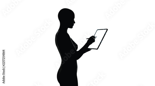 Detailed vector illustration silhouette of human female figure holding digital tablet with glowing screen