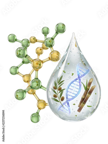 Squalane molecule with olive, sugarcane and DNA in serum drop