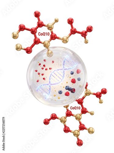 CoQ10 molecule with DNA and berry extracts in clear serum droplet