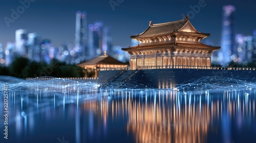 Stunning Night View of Traditional Pagoda with Modern City Skyline Reflected in Calm Water at Dusk