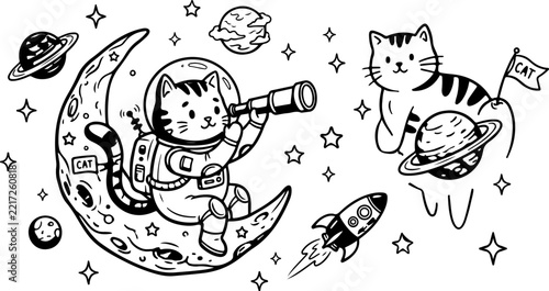 Cute Astronaut Cat Looking Through Telescope in Space Coloring Page Vector.eps