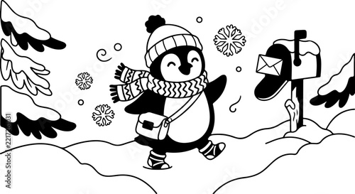 Cute Penguin Ice Skating in Winter Snowfall Coloring Page Line Art.eps