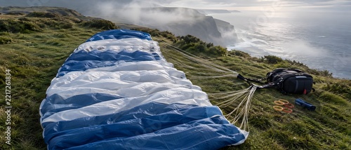 Fotografie Skydiving canopy spread open on a grassy headland for packing with rigged lines