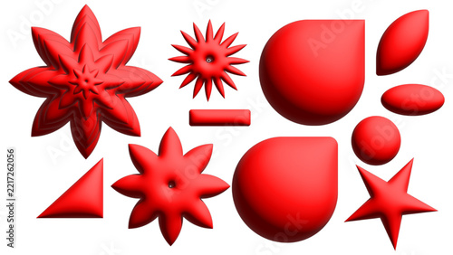Set of red 3d geometric shapes and floral elements for creative
