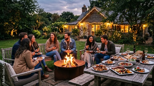 Group of happy friends gathering around a warm fire pit in a cozy backyard at dusk