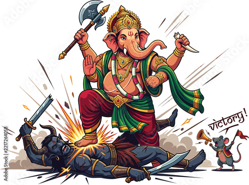 Lord ganesha defeating a demon, hindu deity with mouse holding a victory flag and horn ganapati
