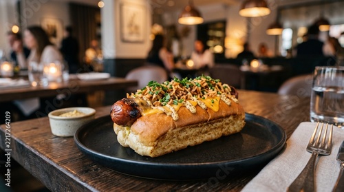 Gourmet Hot Dog Served On A Black Plate In A Sophisticated And Elegant Gastropub Dining Setting