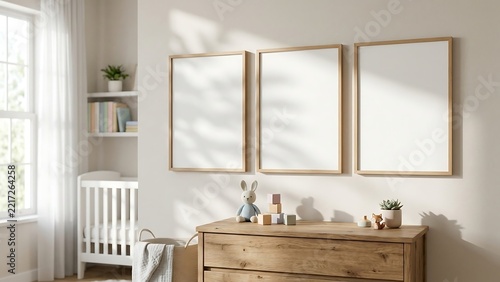 Three Blank Vertical Wooden Picture Frame Mockups on a Beige Wall in a Minimalist Scandi-Style Nursery Room Interior with Natural Sunlight, Shadows, Wooden Dresser, Baby Toys, and White Crib