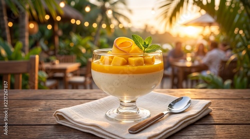 Delicious Mango Panna Cotta Dessert with Fresh Mint and Tropical Sunset Ambiance