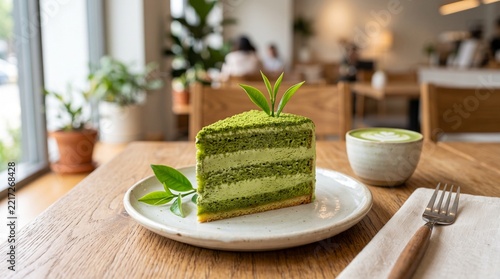 Delicious Matcha green tea layer cake slice served on a white plate in a cozy cafe