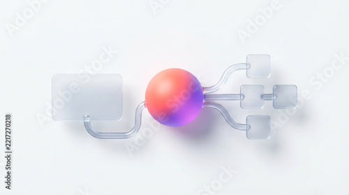 Glass node network sphere connected to floating square panels for abstract data flow design.